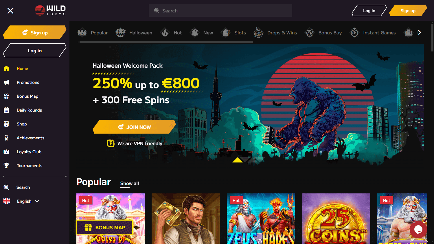 Wild Tokyo online casino desktop view highlighting fast payouts and pokies