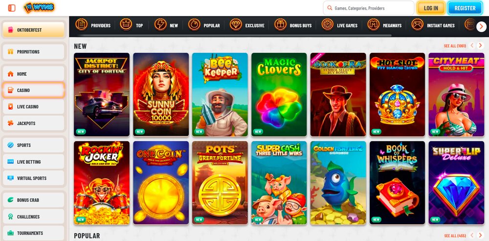 WYNS online casino desktop view highlighting fast payouts and pokies